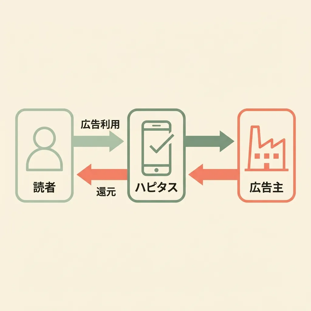 ハピタスの仕組み図：読者・ハピタス・広告主の3者関係