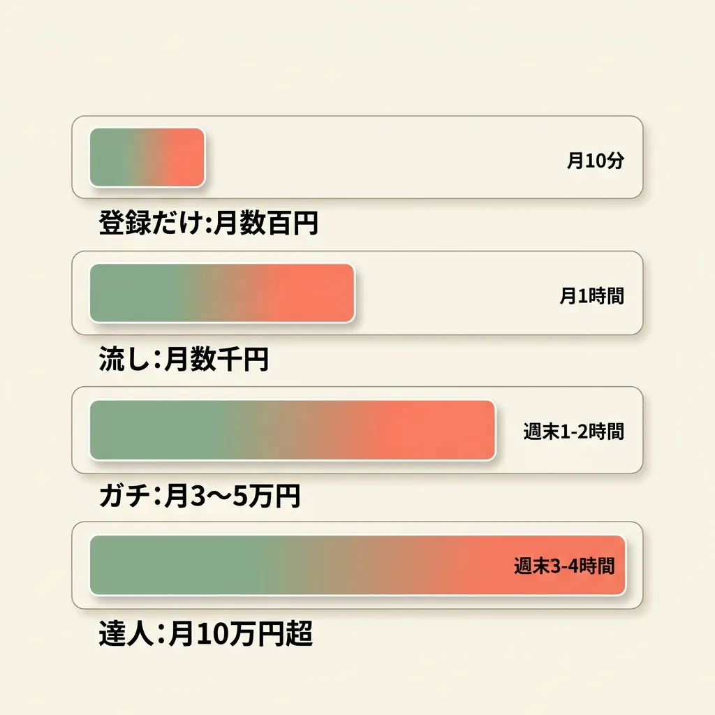 ポイ活の月収レンジと必要時間のビジュアル