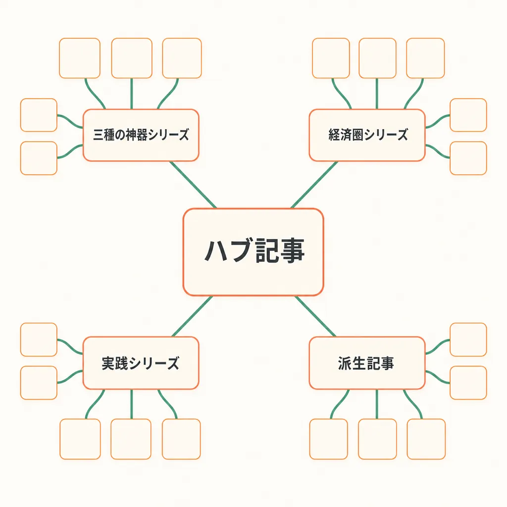 tametekoポイ活シリーズ構成図：ハブから神器・経済圏・実践・派生に分岐